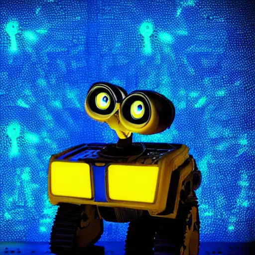 Image similar to photo of wall - e, blue and yellow glowing lights, dark, highly detailed