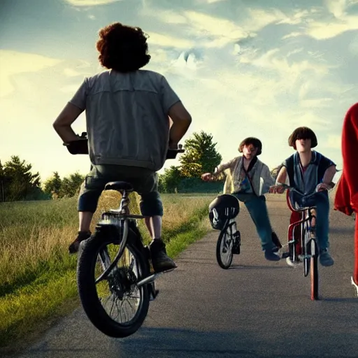 Image similar to stranger things four friends riding their bike encounter a demogorgon