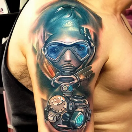 Image similar to cyberpunk underwater diver tattoo design, on white skin, by artgerm