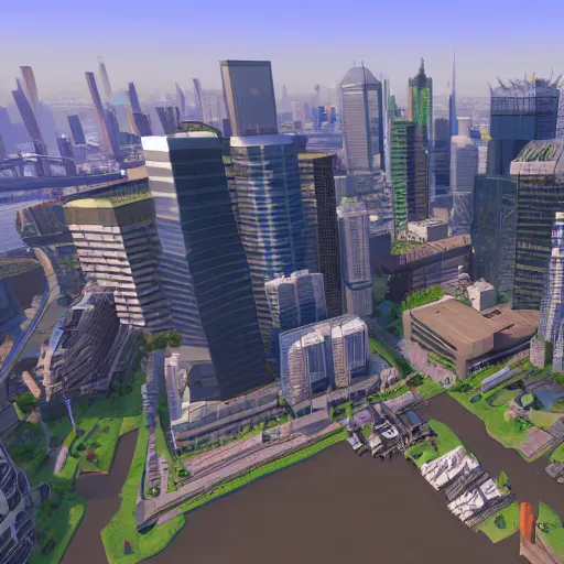 Prompt: canary wharf, screenshot from cities : skylines ( 2 0 2 5 ) vr game, isometric view, unreal engine, raytracing, volumetric fog resolution, ambient occlusion, anisotropy, shadow resolution, texture quality high, chromatic abberation, 8 k