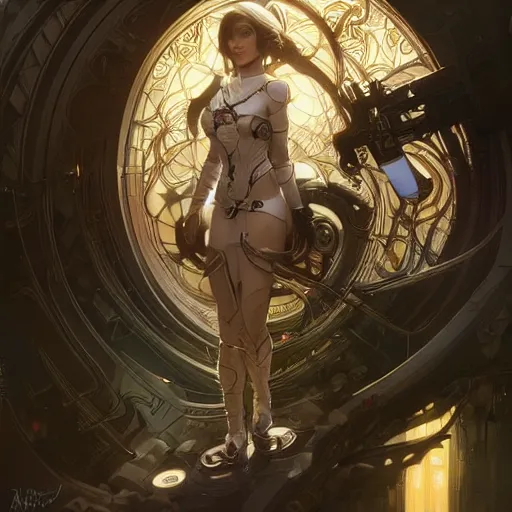 Image similar to beautiful cyborg girl, fantasy, intricate, elegant, highly detailed, digital painting, artstation, concept art, wallpaper, smooth, sharp focus, illustration, art by artgerm and greg rutkowski and alphonse mucha