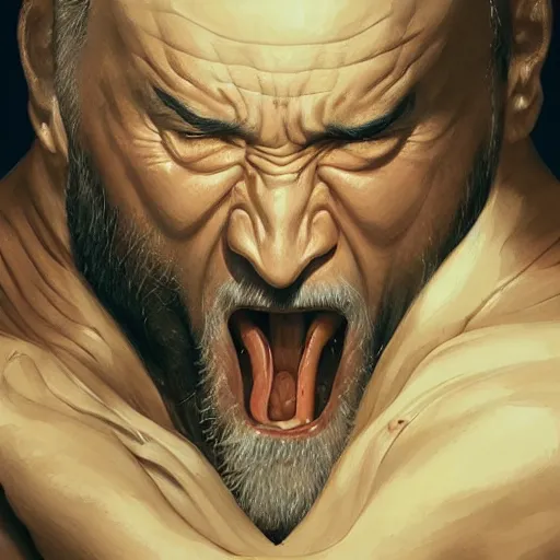 Prompt: ultra realistic illustration of heihachi mishima devouring kazuya mishima, intricate, elegant, highly detailed, digital painting, artstation, concept art, smooth, sharp focus, illustration, art by artgerm and greg rutkowski and alphonse mucha