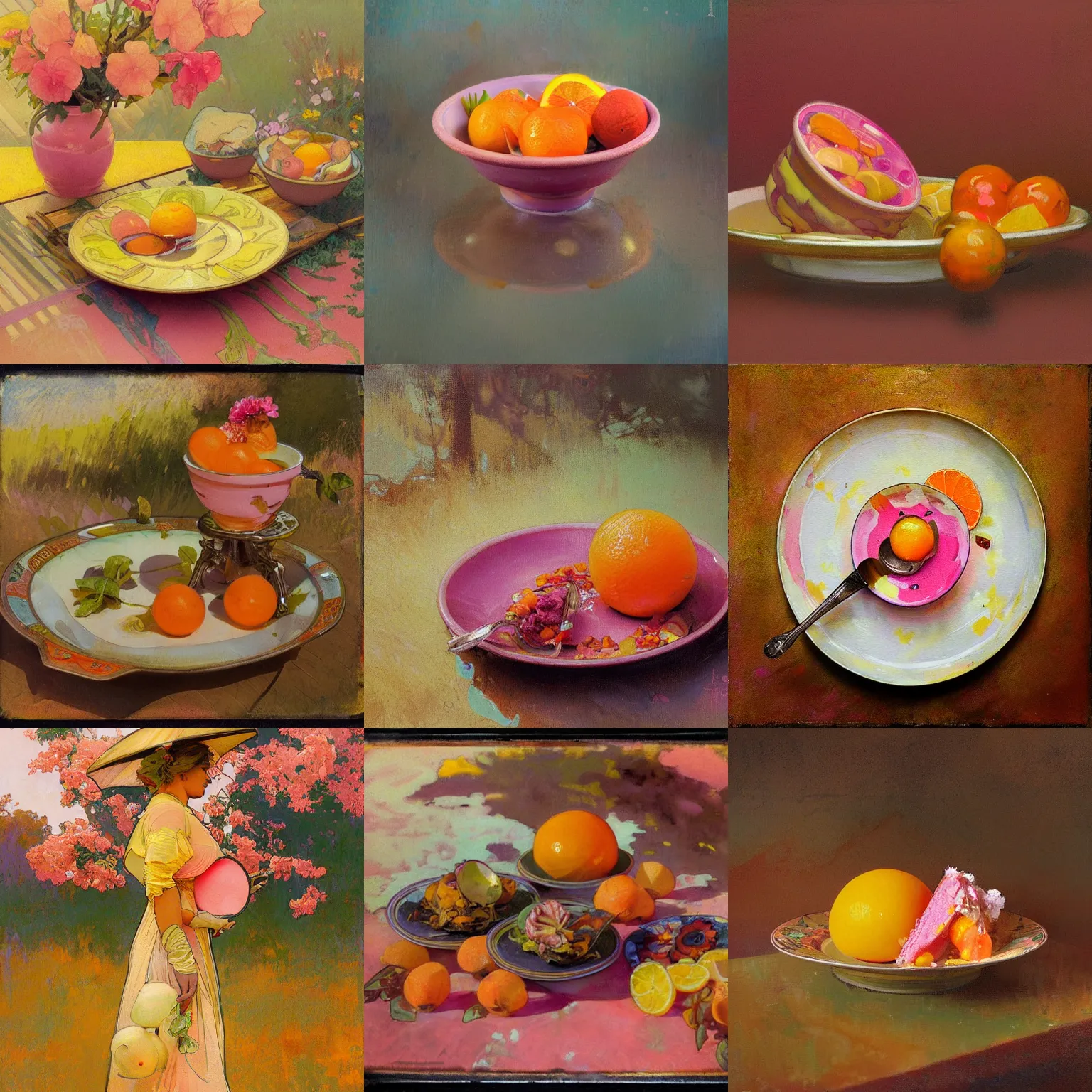 Prompt: a plein air painting of a professional food photography round pink orange yellow object painted with pastel glaze, by ismail inceoglu, alphonsa mucha, hand built ceramics