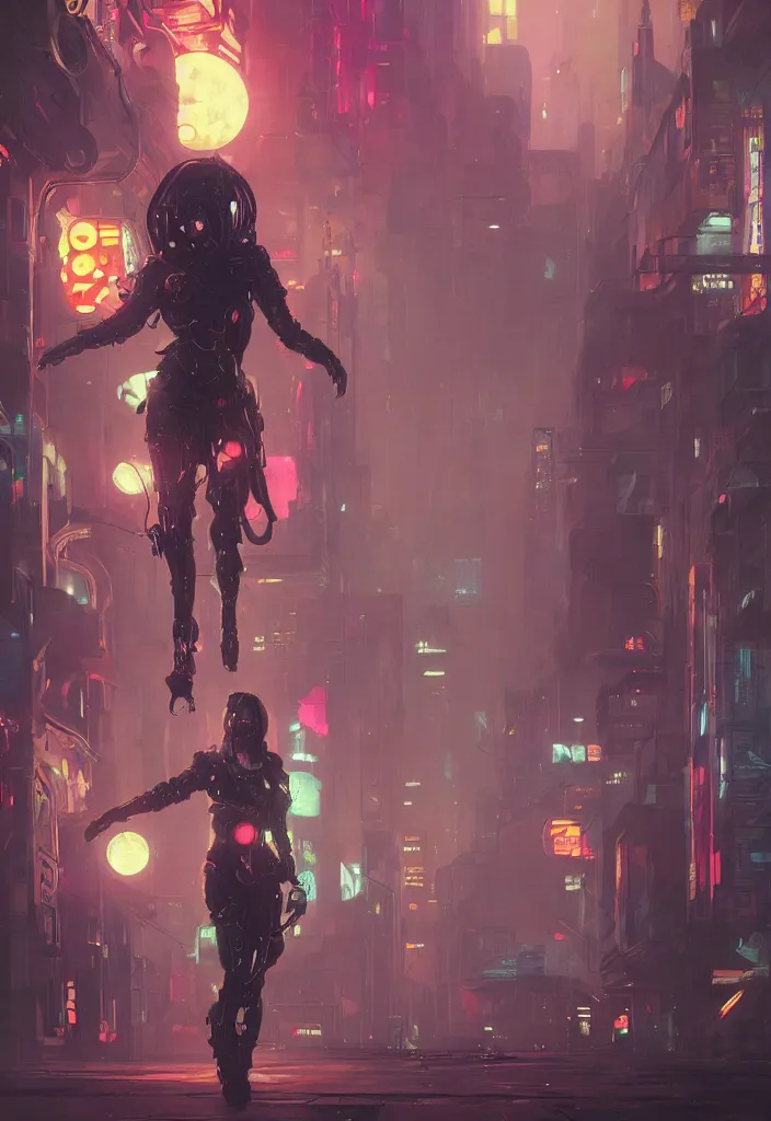 Prompt: an emotional concept painting of a cyberpunk android dancing in the moonlight, neon signs, empty city, large detailed moon, concept painting by Alphonse Mucha and Ross Tran and WLOP and Ruan Jia and Greg Rutkowski