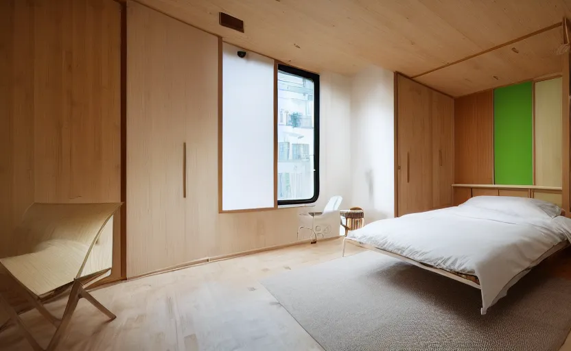 Image similar to interior of a small and compact minimalist bedroom in an apartment building, japanese style, bed, cupboards, bamboo wood, white, beige, bright, green wall, windows with a view of a green park, natural materials, modernist, swedish design, 8 k