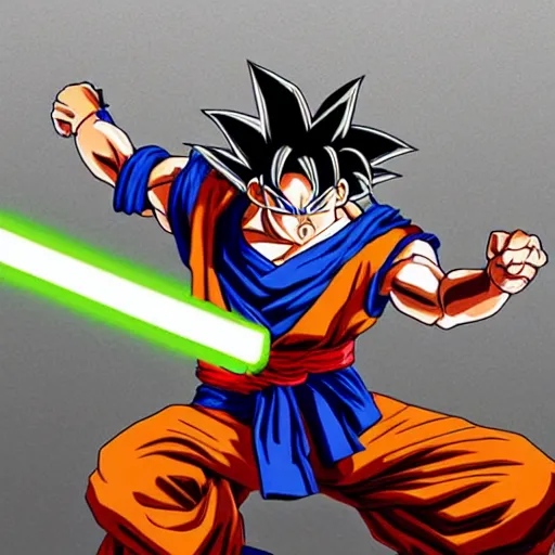 Image similar to Goku wearing a brown floor length rober welding a lightsaber, sci Fi, concept art, detailed, stylized