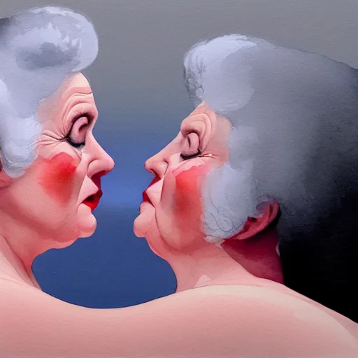 Prompt: a very funny fellini cinematic style. of a sweet fat old woman kissing her reflection. symmetrical face, red mouth, blue eyes. a flowered dress. a hyper - realistic scene. 3 d, octane processing, deep focus, white scene. a very funny and sweet scene. unreal engine. watercolor. freud painting style