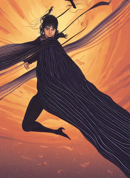 Image similar to illustration of a woman flying through the air, leaving a trail of strips of cloth, black hair wearing black clothes and cape made of long strips of fabric, medieval town landscape, trending on artstation, by dan mumford, yusuke murata, makoto shinkai, ross tran, josan gonzalez, cel shaded, flat colors