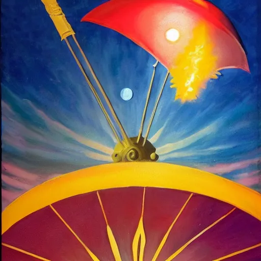 Prompt: giant umbrella in space is blocking the sun, seen from earth, art deco painting