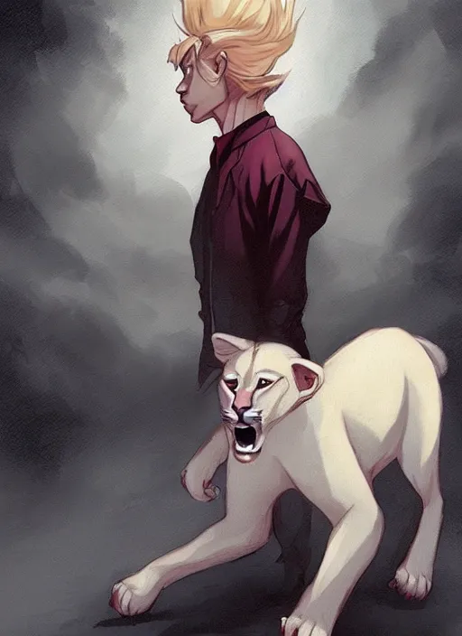 Image similar to beautiful portrait commission of a male furry anthro albino mountain lion with dark red eyes wearing a dress shirt in an old-timey Saloon. Atmospheric. Character design by charlie bowater, ross tran, artgerm, and makoto shinkai, detailed, inked, western comic book art