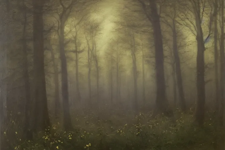 Image similar to dark and spooky painting of a forest dimly lit at night with tiny purple morning glory flowers trailing at the base of trees. foggy cinematic volumetric darkness, muted colour palette, detailed oil painting on canvas robert hughes, john everett millais