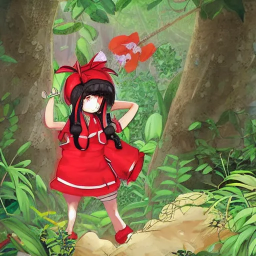 Image similar to an illustration of reimu in the jungle wearing bonnet