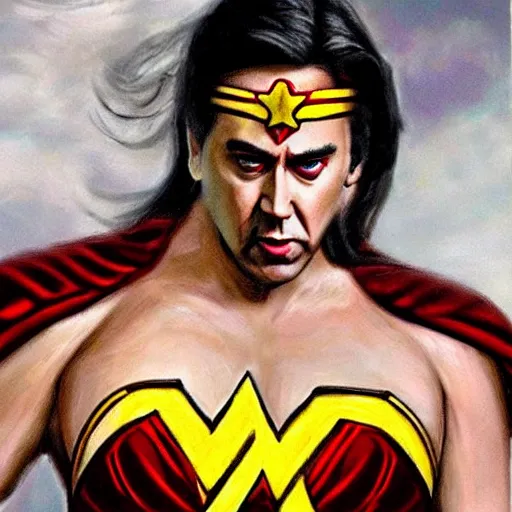 Image similar to nic cage as wonder woman, buff, painted portrait, highly detailed,