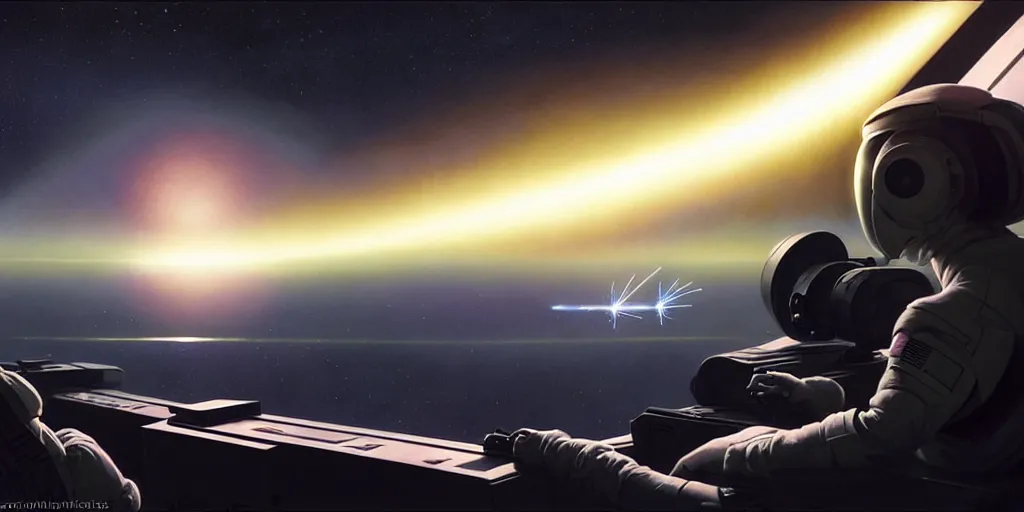 Image similar to hyper realistic sci - fi matte concept art painting of a young spaceship pilot watching a satellite shoot a laser at earth from her window, brightly lit!, beautiful details, strong composition painted by kim jung guweta studio rutkowski, james gurney and greg rutkowski, and lucasfilm, smooth, intricate, detailed, sharp focus, cinematic