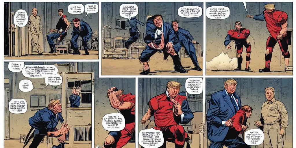 Prompt: Reagan teaching Trump how to block kicks. Epic painting by James Gurney and (Laurie Greasley).