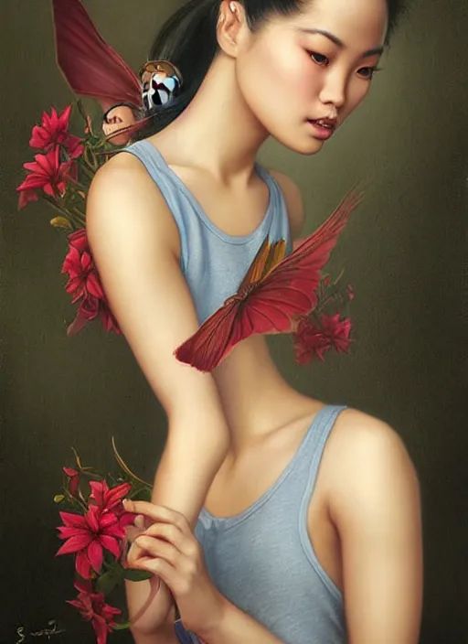 Prompt: a fantasy portrait painting of a beautiful Vietnamese nymph wearing a tanktop and sweatpants, art by Stanley Artgerm, Tom Bagshaw