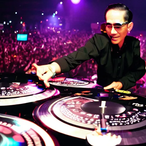 Prompt: DJ King Bhumibol spinning turntables during edm concert, photo, high quality