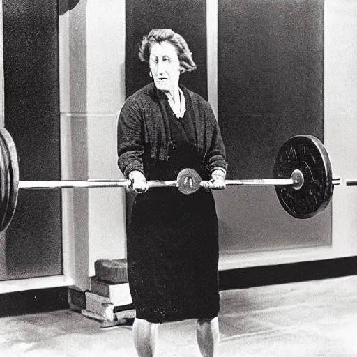 Prompt: Virginia Woolf deadlifting a heavy barbell