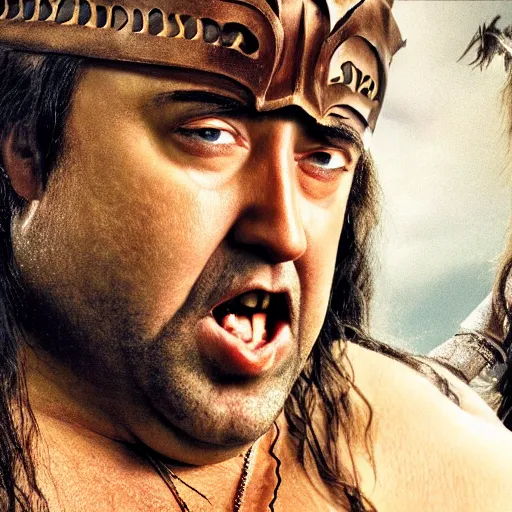 Image similar to a fat nic cage playing conan the barbarian, hd digital photography, mobie still