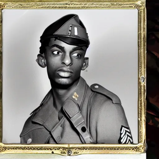 Image similar to playboi carti as a german world war ii soldier captured on a old camera 4 k detailed super realistic