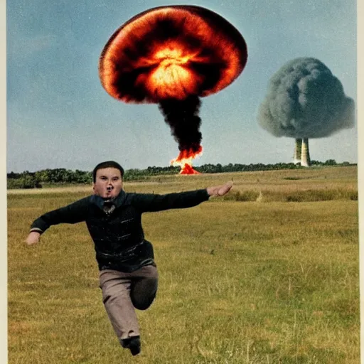 Image similar to a funny, intimidated ukrainian with a chub on his head in a vyshvanka is jumping trying to dodge napalm on the ground from a nuclear mushroom in the background