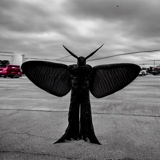 Image similar to 90s photo of mothman in a Walmart parking lot, blurry, XF IQ4, 150MP, 50mm, F1.4, ISO 200, 1/160s, Adobe Lightroom, photolab, Affinity Photo, PhotoDirector 365,