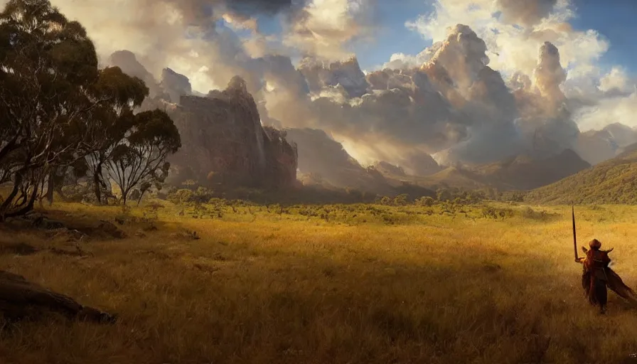 Image similar to excellent painted daemon in a wide epic beautiful landscape somewhere in australia with fluffy clouds, painted by Hans Fredrik Gude, Greg Rutkowksi, Craig Mullins and Artgerm, masterpiece, 4k, ultra realistic highly detailed oil painting