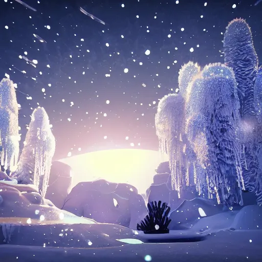Prompt: a winter, beautiful winter night, ( german ), [ crystals, glowing stars ], snowflakes and icicles, winter, digital illustration, rendered using the magic of unreal engine 4 ( u 4 ), rendered in 4 k, a tribute to the lovely fantasy realm created by max hay