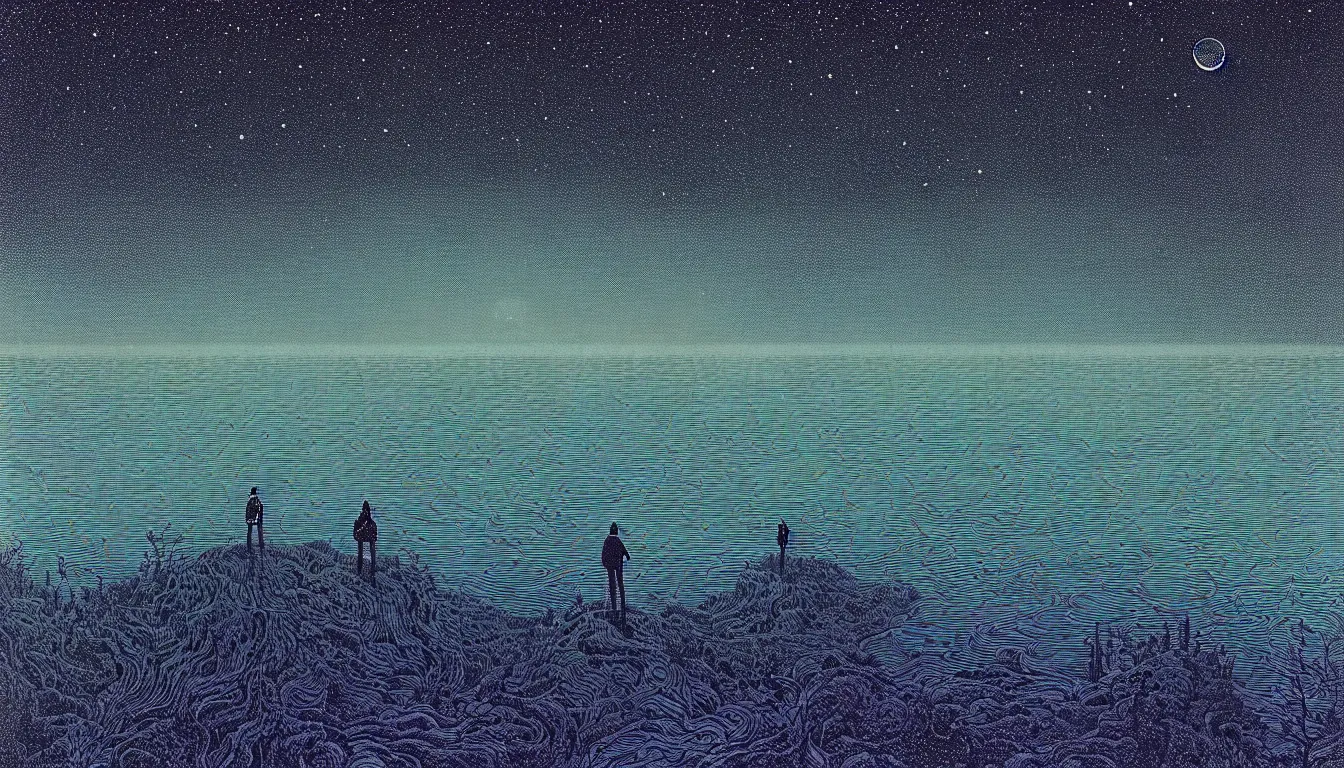 Image similar to standing at the edge of a lake looking at reflections of the night sky by nicolas delort, moebius, victo ngai, josan gonzalez, kilian eng