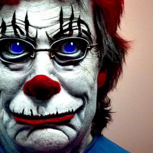 Image similar to a portrait of stephen king with clown makeup on