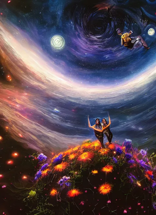 Image similar to An epic fantastic realism comic book style painting of the most beautiful entwined flowers launched across the dark and starry night sky, nebulous bouquets, fisheye lens, unreal 5, DAZ, hyperrealistic, octane render, dynamic lighting