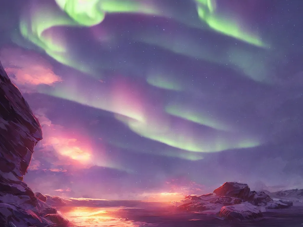 Image similar to northern lights, epic lighting, establishing shot, intricate, extremely detailed, digital painting, artstation, concept art, smooth, sharp focus, illustration, intimidating lighting, incredible art,