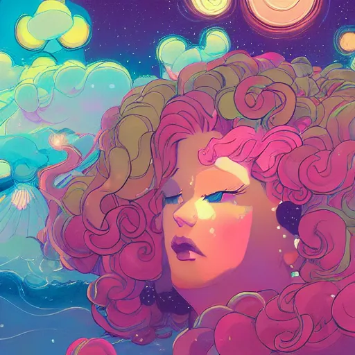 Prompt: harmony of steven universe, rose quartz woman, curly pink hair, night sky, looking up, swirly clouds, neon yellow stars, by wlop, james jean, victo ngai! muted colors, highly detailed, fantasy art by craig mullins, thomas kinkade