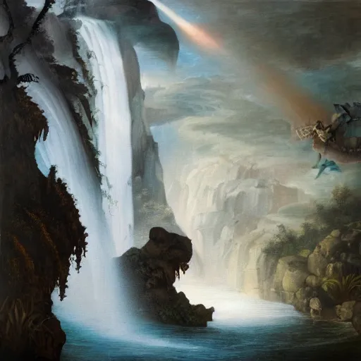 Prompt: oil painting of a dragon flying in the air near a cave with a waterfall in the center, light emanating from the waterfall leading to a big pool of water, dragon has black and white tiger stripes, elegant, sharp focus, wide shot, clear, detailed, early renaissance
