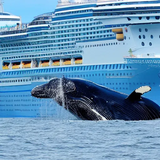 Prompt: a gigantic whale lifting a cruise ship out of the sea