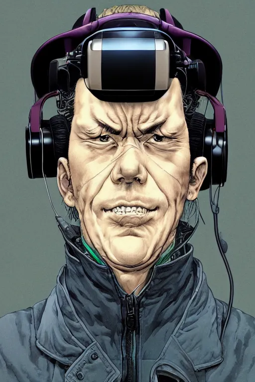 Image similar to portrait closeup of middle aged man wearing vr headset, symmetrical, by yoichi hatakenaka, masamune shirow, josan gonzales and dan mumford, ayami kojima, takato yamamoto, barclay shaw, karol bak, yukito kishiro