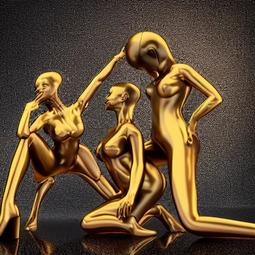Image similar to 3 d fluid simulation render, octane render, xparticles, black latex and golden colors, female bodies, abstract sculpture