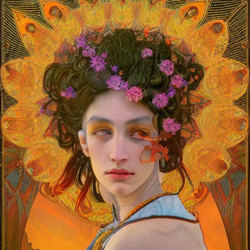 Prompt: a portrait oil painting of a singular beautiful female godess of spring with colorful flowers, holy geometry, tarot card style, by Mohrbacher and Moebius and Alphonse Mucha and Roger Deakins, cinematic lighting, masterpiece, golden ratio background, highly detailed, 8k resolution, trending on art station