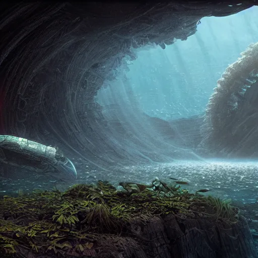 Image similar to a matte painting of alien underwater landscape of lush flora, remnants of old spaceship, alien creatures emerging, morning, by Giger and Ralph McQuarrie and Bruce Pennington, cinematic lighting, ambient light, hyperrealism, nvidia, octane render, 8k, iridescent accents, vray, deviantart