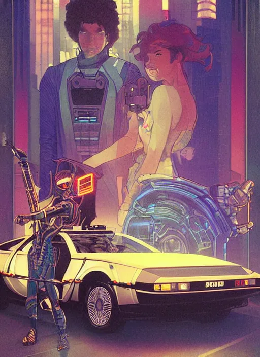 Prompt: portrait of a cyborg boy and a cyborg girl driving a delorean car in the middle of futuristic tokyo at night. diffuse neon light, dramatic landscape, fantasy illustration, matte painting by mucha