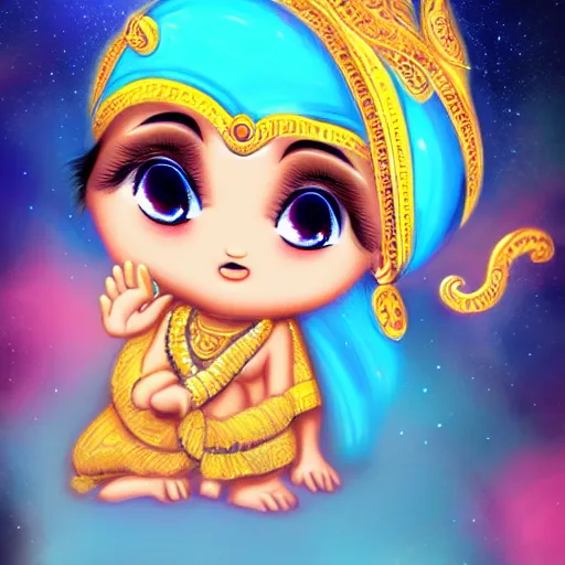 Image similar to baby krishna cute ,chibi style, foggy, clouds ,clear face , golden ratio, rule of thirds, magical effect ,artstation, galaxy