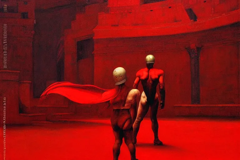 Prompt: only with red, a red gladiator in a crowded roman amphitheatre, crowd cheers him, in the style of beksinski, parts by edward hopper, parts by rodcenko, parts by yue minjun, intricate and epic composition, red by caravaggio, insane quality, highly detailed, masterpiece, red light, artstation