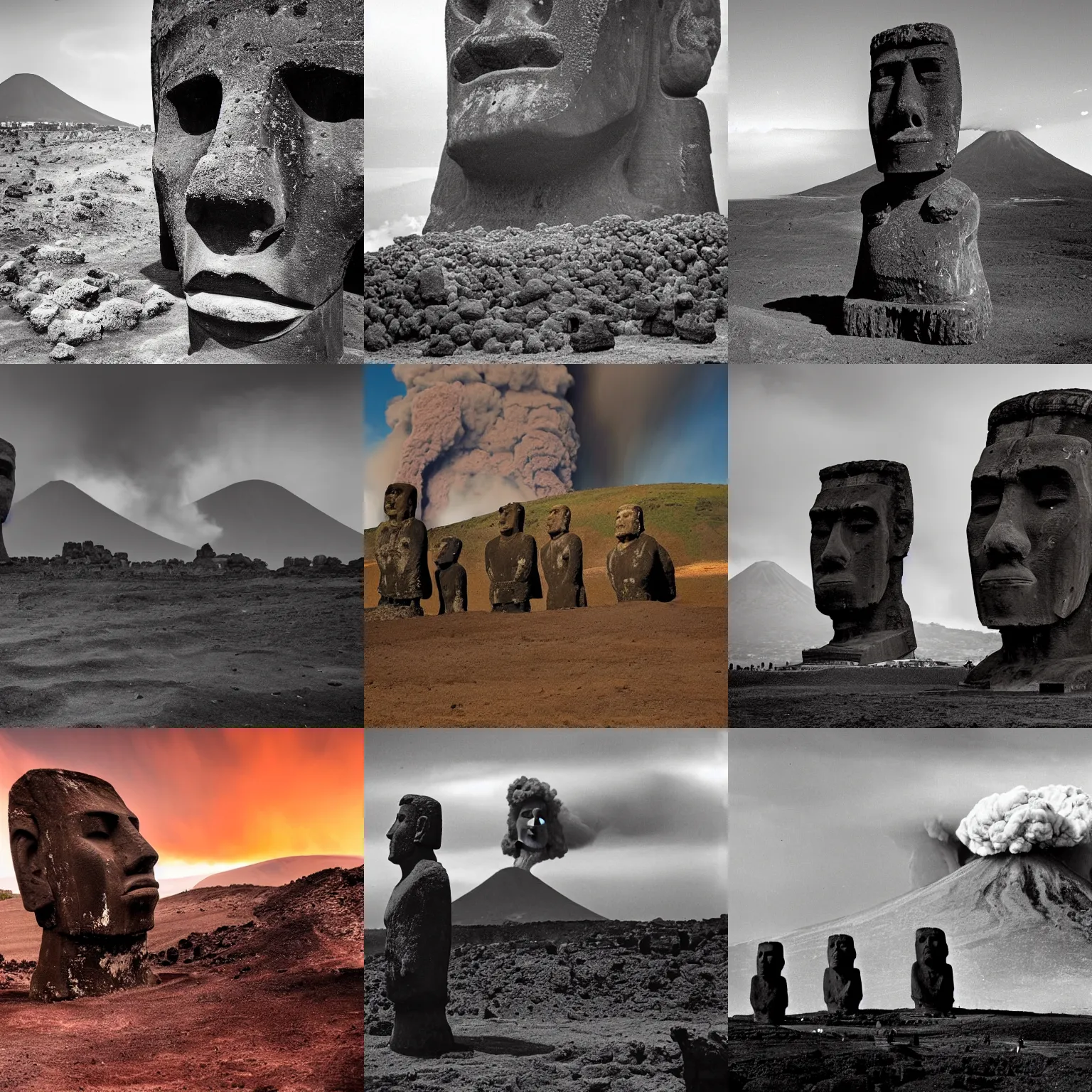 Prompt: moai witnessing the Eruption of Mount Vesuvius in 79 AD, award winning photo, high detail, tranquil, atmospheric, 8k