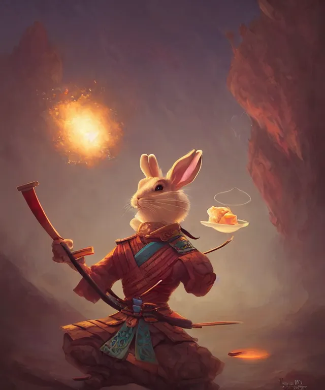Prompt: a portrait an anthropomorphic rabbit samurai eating dim sum, landscape in background, cute and adorable, dnd character art portrait, well rendered matte fantasy painting, deviantart artstation, by jason felix by steve argyle by tyler jacobson by peter mohrbacher, cinematic lighting