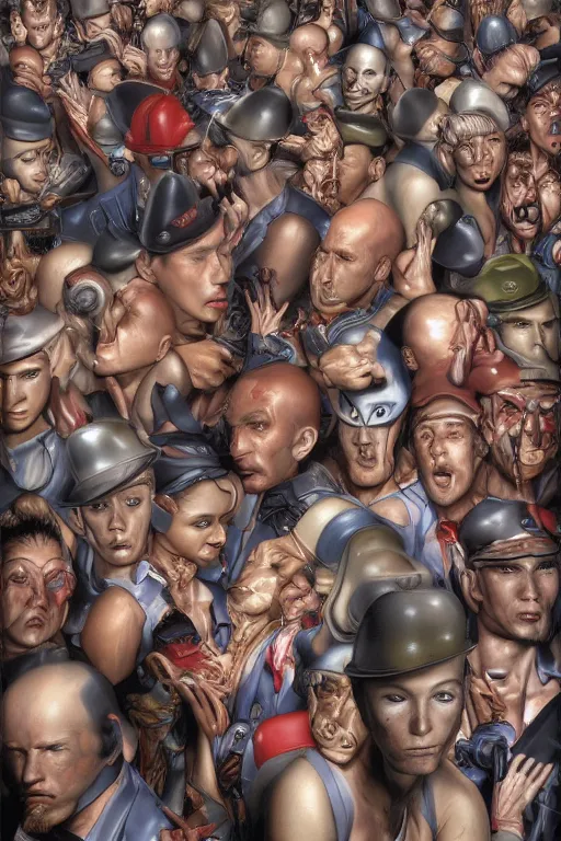 Image similar to place full of tunnel rats - pop art, hyperrealistic, smooth, by artgerm and richard hamilton and mimmo rottela and bob rafei and kazuma kaneko and bengus and yoshitaka amano, face features, human anatomy features, sharp focus, ultra realistic detail human composition, anatomy models details, multicultural race, incrinate