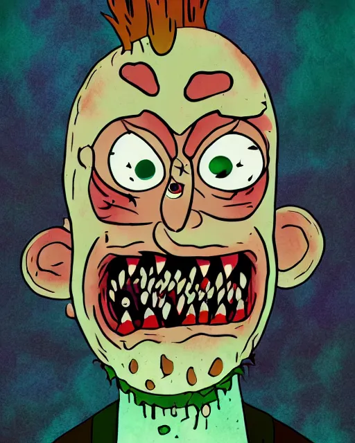 Image similar to portrait of an ugly old possessed crying clown in the style of justin roiland. ugly, creepy, demonic, horror. cinematic lighting. style of rick & morty. photographic, photography. by justin roiland