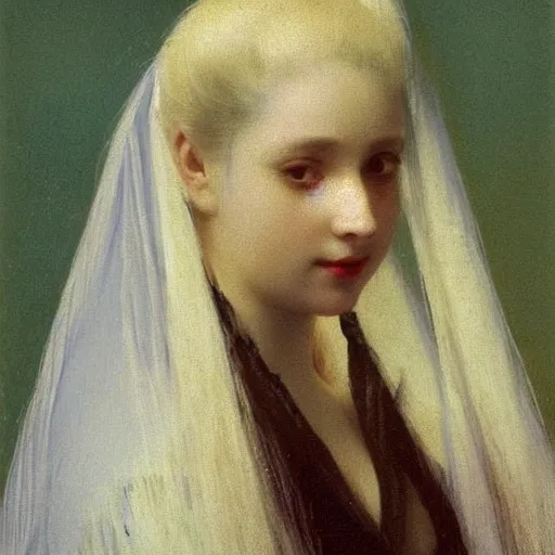Prompt: a young woman’s face, her hair is white, she wears a long flowing blue satin veil, by ivan aivazovsky and pieter claesz and paul delaroche and alma tadema and august malmstrom and and willen claesz heda and aelbert cuyp and gerard ter borch and isaac levitan and carl gustav carus, fine detail, hyperrealistic, rendered in octane