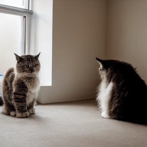 Prompt: many fluffy cats standing up on their hind legs, looking curiously into the air. Modern room, sun rays, well lit house