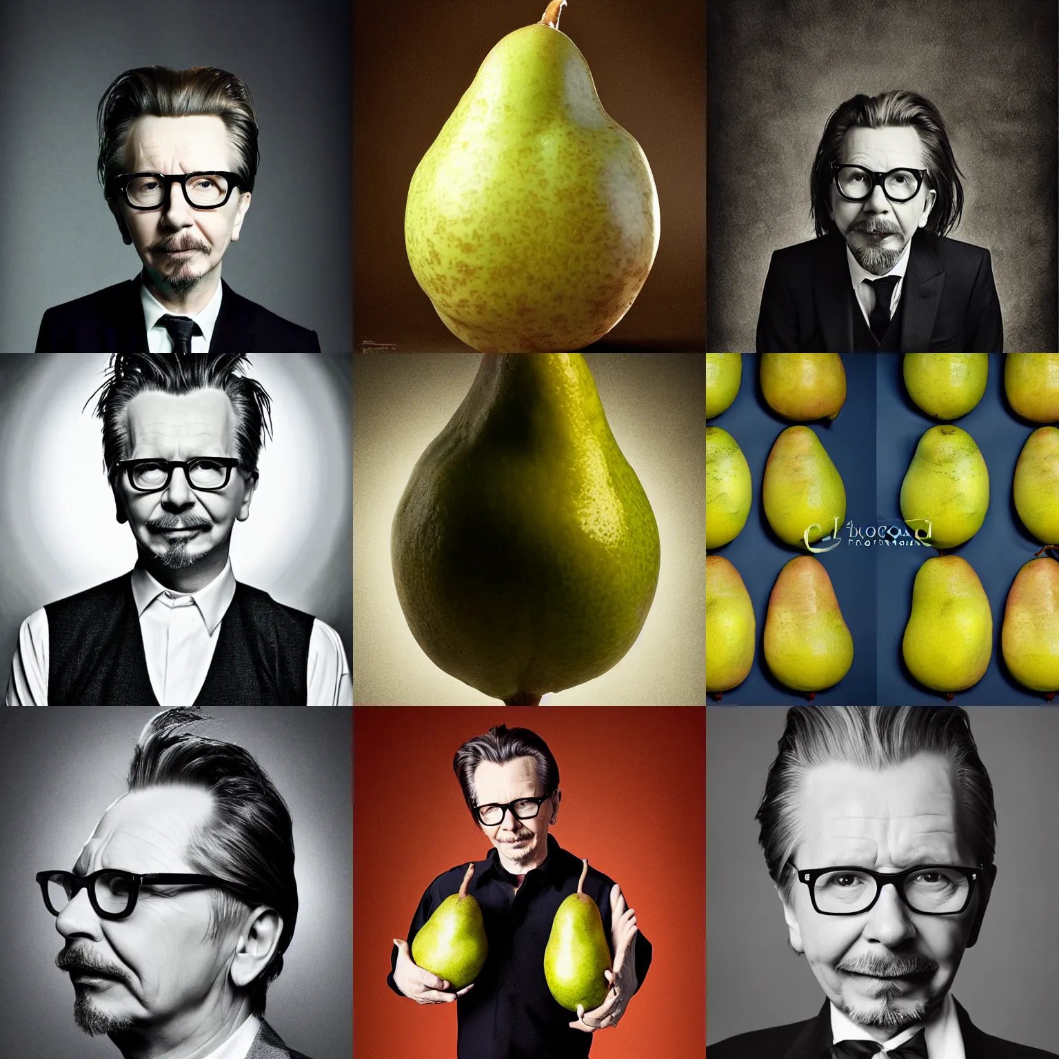 Prompt: gary oldman as a pear, his head is a pear, gary oldman with a pear for a head, professional photography, studio lighting