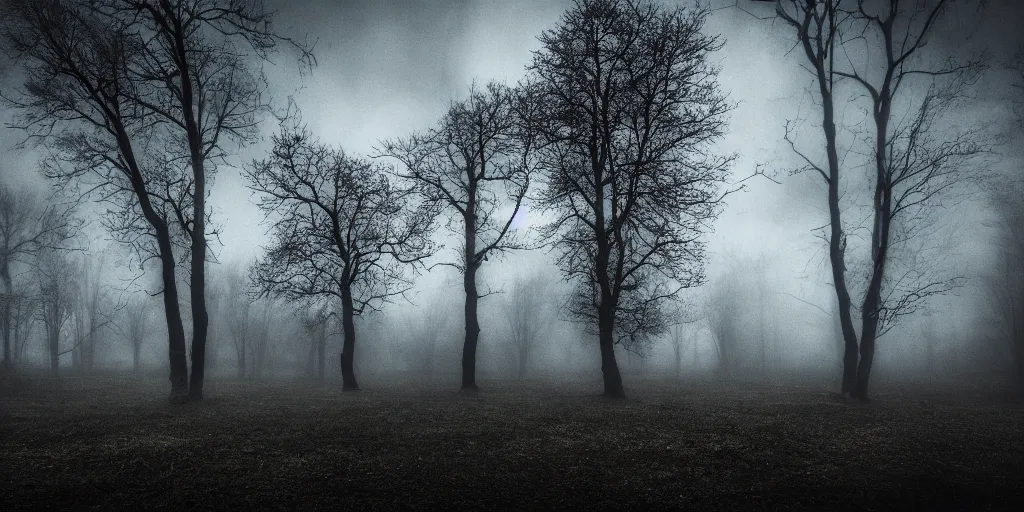 Image similar to a dark and creepy award winning landscape photo, 4k hdr, cinematic